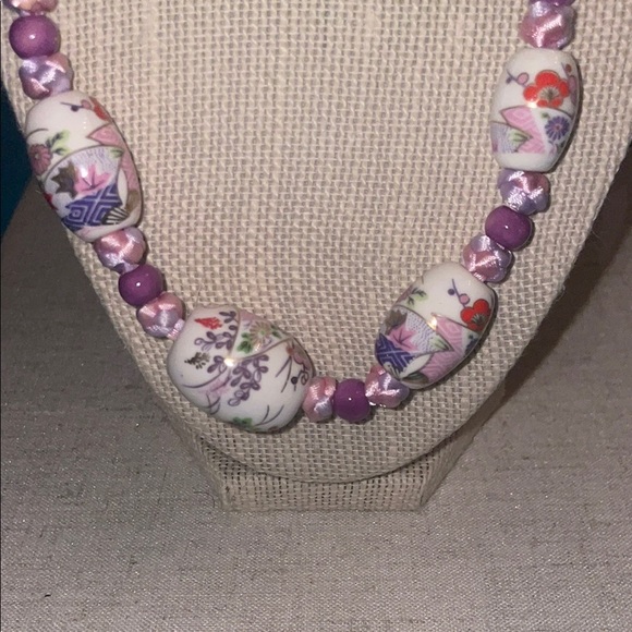 Purple and White Beaded Necklace with Crystal Accents - Picture 2 of 4